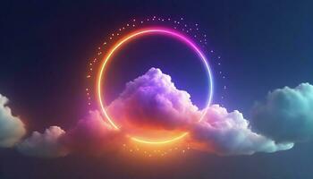 AI generated 3d render, abstract cloud illuminated with neon light ring on dark night sky. Glowing geometric shape, round frame photo