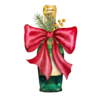 Watercolor illustration of a green glass champagne bottle with a red bow and decor. Hand drawn champagne bottle. For any occasion png