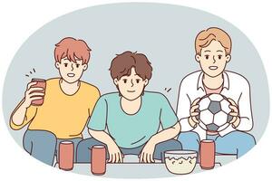 Happy guys watch football at home together . Vector Happy guys have fun sit at home watching football together. Smiling friends enjoy weekend indoors with sport match. Vector illustration.