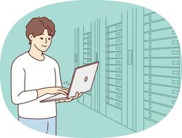 Male engineer with laptop standing near server room with computers. Man IT specialist working in data center near server racks. Vector illustration.