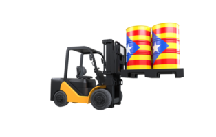 Forklift lifting fuel tank with Catalonia flag on transparent background, PNG file