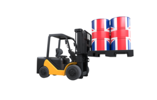 Forklift lifting fuel tank with Great Britain flag on transparent background, PNG file