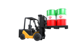 Forklift lifting fuel tank with Iran flag on transparent background, PNG file