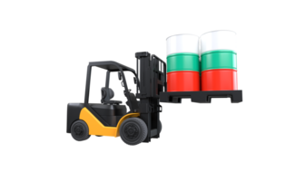 Forklift lifting fuel tank with Bulgaria flag on transparent background, PNG file