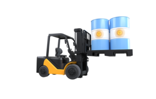 Forklift lifting fuel tank with Argentina flag on transparent background, PNG file