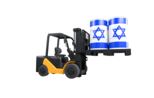 Forklift lifting fuel tank with Israel flag on transparent background, PNG file