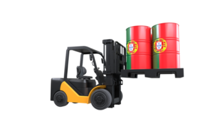 Forklift lifting fuel tank with Portugal flag on transparent background, PNG file