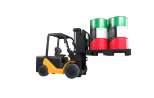 Forklift lifting fuel tank with Kuwait flag on transparent background, PNG file