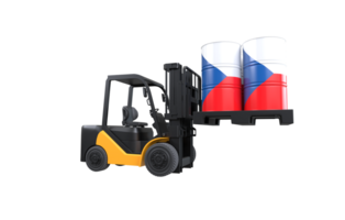 Forklift lifting fuel tank with Czech Republic flag on transparent background, PNG file