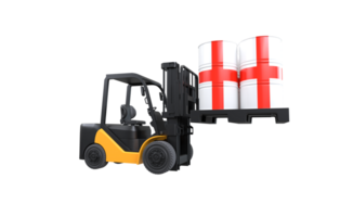Forklift lifting fuel tank with England flag on transparent background, PNG file
