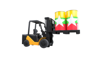 Forklift lifting fuel tank with Myanmar flag on transparent background, PNG file