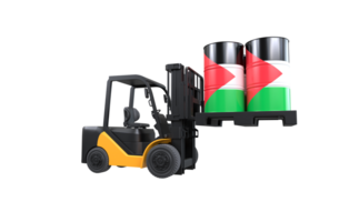 Forklift lifting fuel tank with Palestine flag on transparent background, PNG file