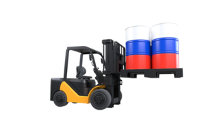 Forklift lifting fuel tank with Russia flag on transparent background, PNG file