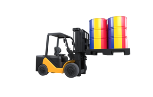 Forklift lifting fuel tank with Romania flag on transparent background, PNG file