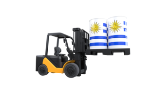 Forklift lifting fuel tank with Uruguay flag on transparent background, PNG file