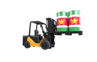 Forklift lifting fuel tank with Suriname flag on transparent background, PNG file