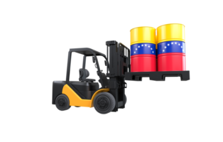 Forklift lifting fuel tank with Venezuela flag on transparent background, PNG file