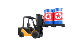 Forklift lifting fuel tank with North Korea flag on transparent background, PNG file