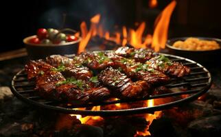 AI generated More delicious food preparation scenes including BBQ on a big plate for dinner photo