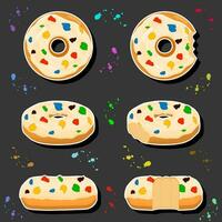 Illustration on theme big set different types sticky donuts, sweet doughnuts various size vector