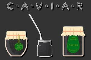 big set various types fish caviar, glass jar different size vector