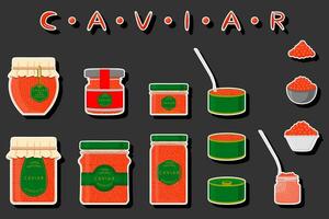 big set various types fish caviar, metal can different size vector