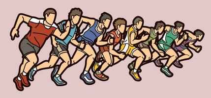grupo de hombres comienzo corriendo corredor acción trotar juntos dibujos animados deporte gráfico vector