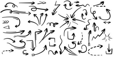 hand drawn doodle arrows vector icon set. isolated on white background. Hand drawn freehand different curved lines, swirls arrows