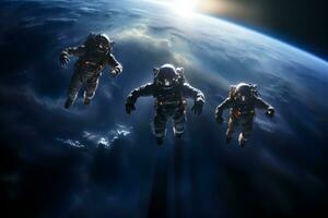 AI generated Three spacemen or astronauts floating on background of the earth photo