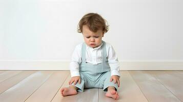 AI generated Sad little boy with mental trauma sitting on floor. photo