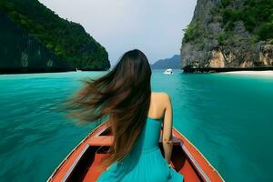 AI generated Young woman traveler relaxing on the boat. Summer travel and vacation concept photo