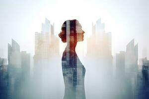 AI generated Double exposure of a woman and modern city skyline. photo