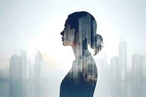 AI generated Double exposure of a woman and modern city skyline. photo