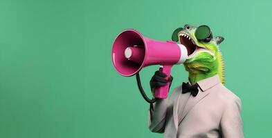 AI generated Chameleon announcing using megaphone. Notifying, warning, announcement. photo