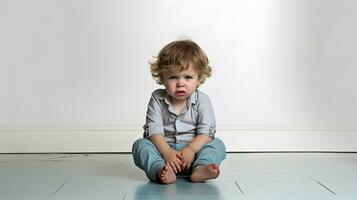 AI generated Sad and crying baby with mental trauma sitting on floor. photo