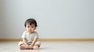 AI generated Sad and crying baby with mental trauma sitting on floor. photo