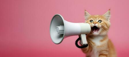 AI generated Cat announcing using megaphone. Notifying, warning, announcement. photo