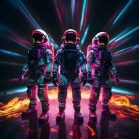 AI generated Futuristic astronauts or spacemen with colorful neon light photo