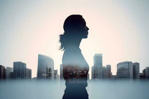AI generated Double exposure of a woman and modern city skyline. photo