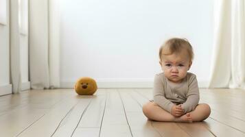 ai generado triste y llorando bebé con mental trauma sentado en piso. foto