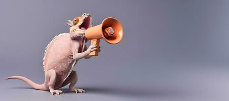 AI generated Chameleon announcing using megaphone. Notifying, warning, announcement. photo