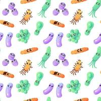 Seamless pattern with cartoon bacteria and germ characters on a white background. vector