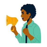 Black young woman screams into a loudspeaker, clenching her hand into a fist. vector