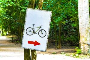 Rent a bike sign arrow information board direction in Coba Ruins. photo