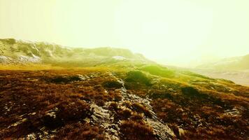 un' panoramico paesaggio con rotolamento colline e maestoso montagne nel il distanza video