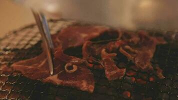 Party for barbecue japanese style, yakiniku. Meats are being cooked on stove in a japanese video