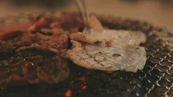 Party for barbecue japanese style, yakiniku. Meats are being cooked on stove in a japanese video