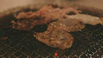 Party for barbecue japanese style, yakiniku. Meats are being cooked on stove in a japanese video