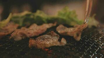 Party for barbecue japanese style, yakiniku. Meats are being cooked on stove in a japanese video