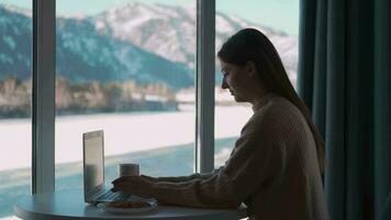 mooi vrouw freelancer werken van huis gebruik makend van een laptop terwijl zittend Bij een tafel door de venster. video
